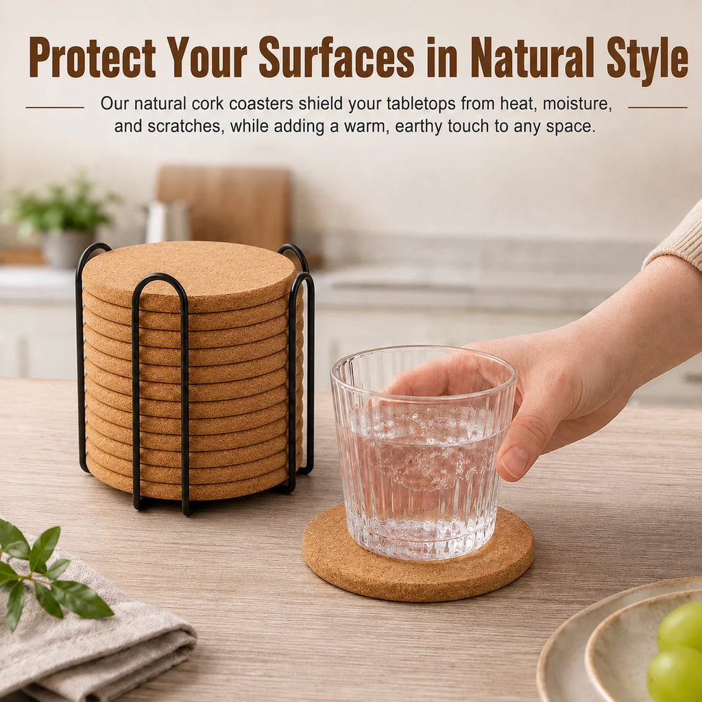 Posavasos de Corcho Natural — Set de 12 con Soporte Metálico