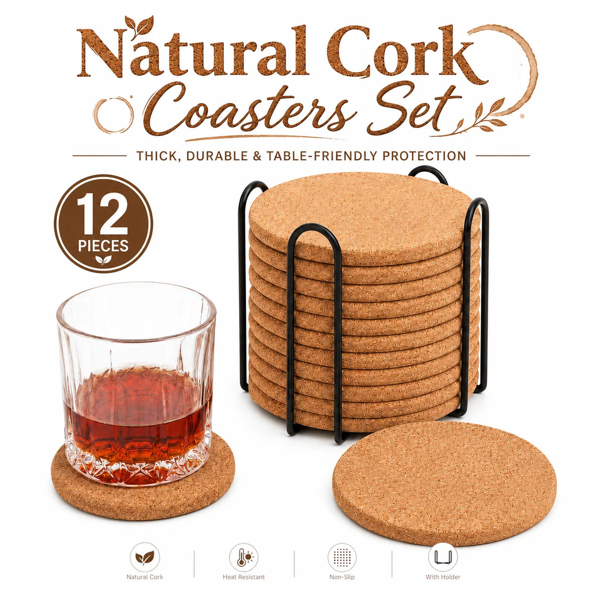 Posavasos de Corcho Natural — Set de 12 con Soporte Metálico