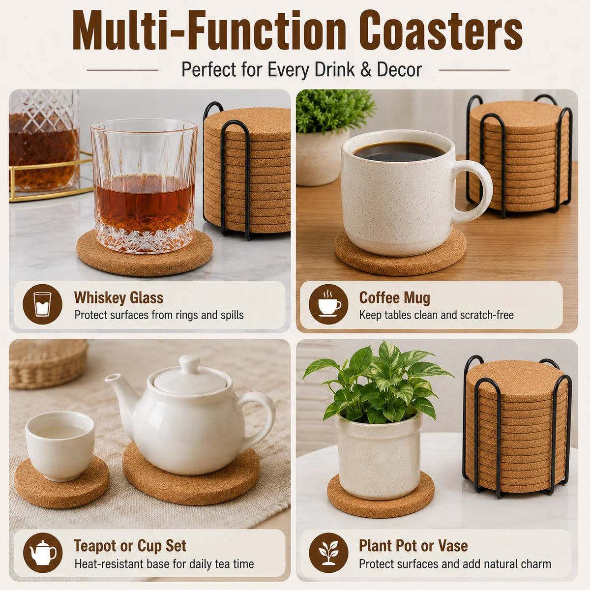 Posavasos de Corcho Natural — Set de 12 con Soporte Metálico