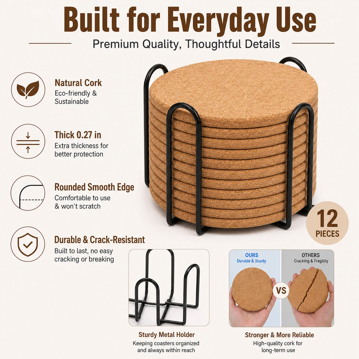 Posavasos de Corcho Natural — Set de 12 con Soporte Metálico