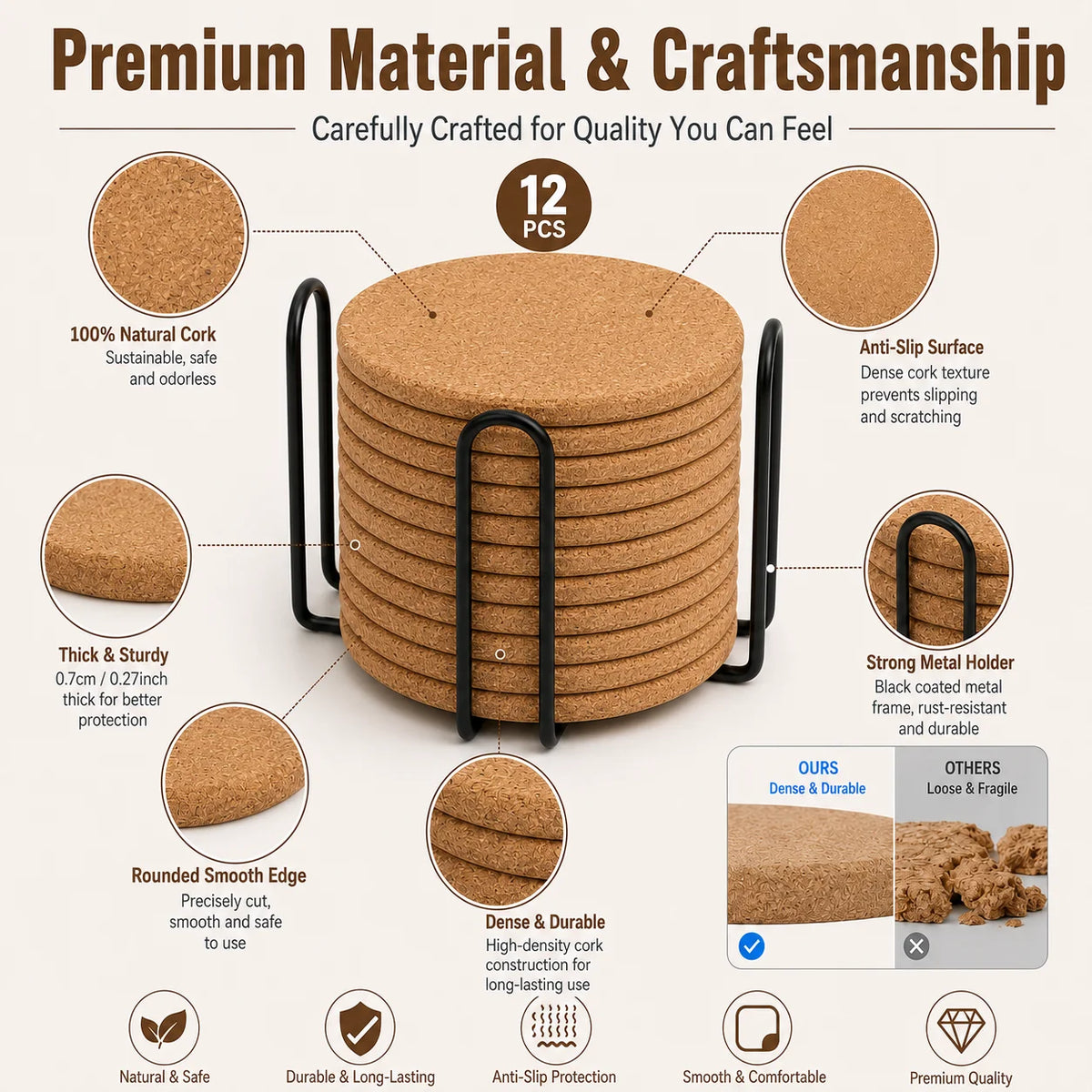 Posavasos de Corcho Natural — Set de 12 con Soporte Metálico